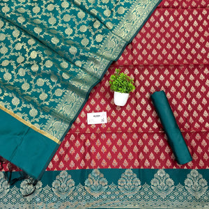 Maroon and Teal Podha Satin Silk Banarasi Suit