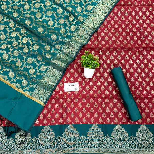 Maroon and Teal Podha Satin Silk Banarasi Suit