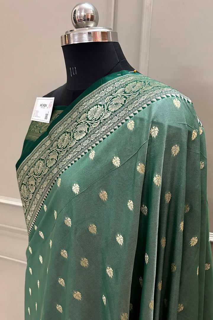 Mint and Bottle Green Rudraksha Buti Katan Silk Banarasi Saree