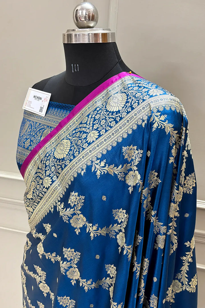 Peacock Blue Papakipari Katan Silk Banarasi Saree