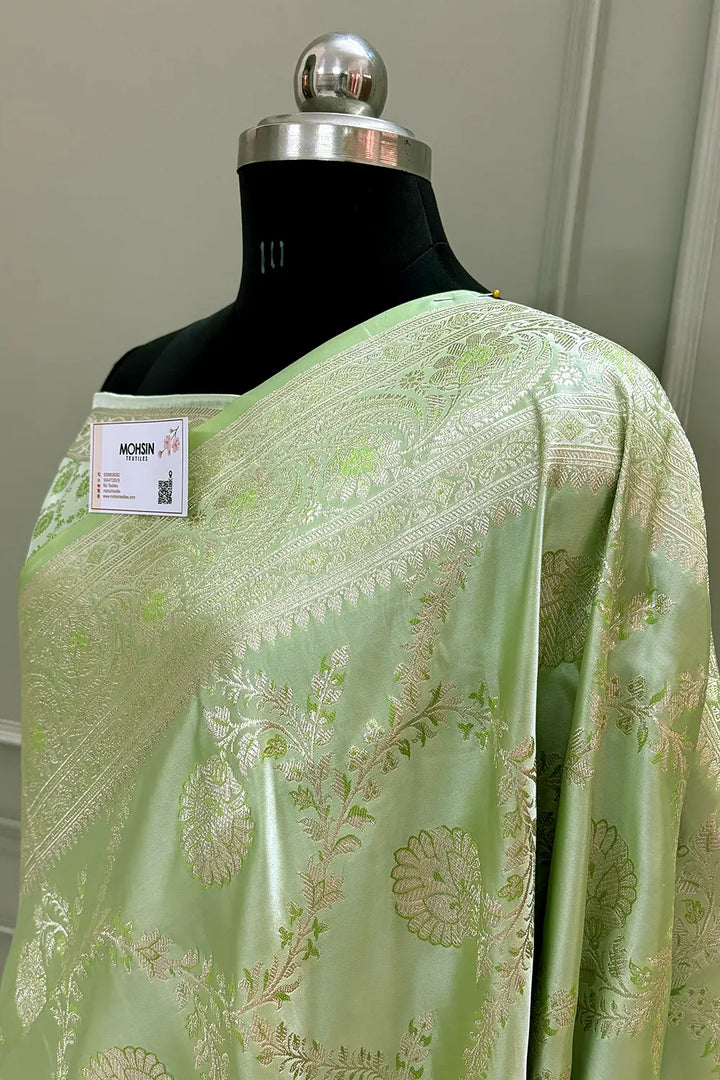 Pista Masuri Jaal Katan Silk Banarasi Saree