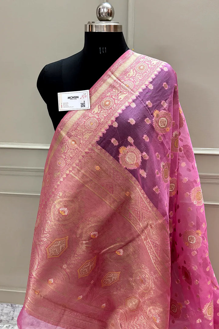 Baby Pink Golden Zari Organza Silk Banarasi Saree