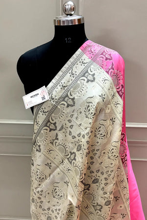 Baby Pink and Beige Plain Resham Silk Banarasi Saree