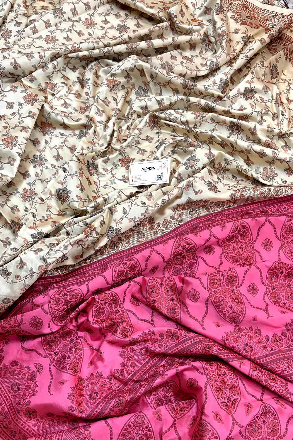 Beige and Baby Pink Resham Silk Banarasi Saree