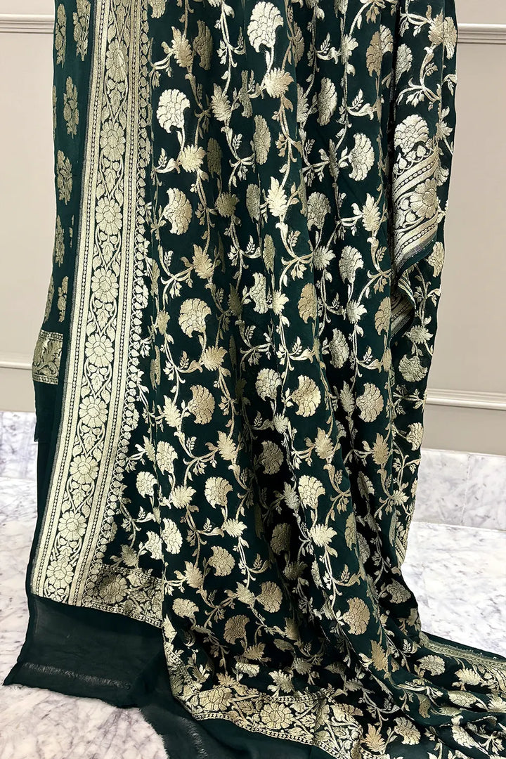 Bottle Green Guldasta Pure Georgette Silk Banarasi Suit