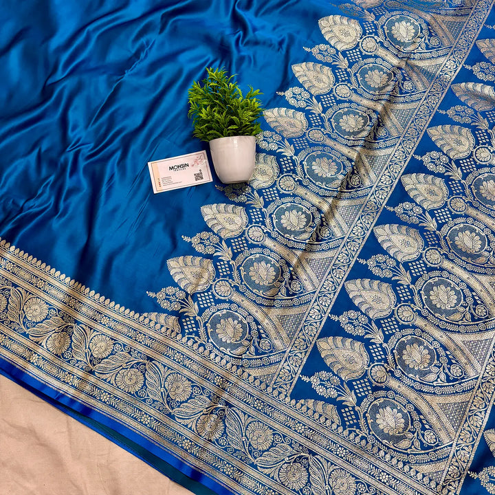 Firozi Plain Golden Zari Katan Silk Banarasi Saree