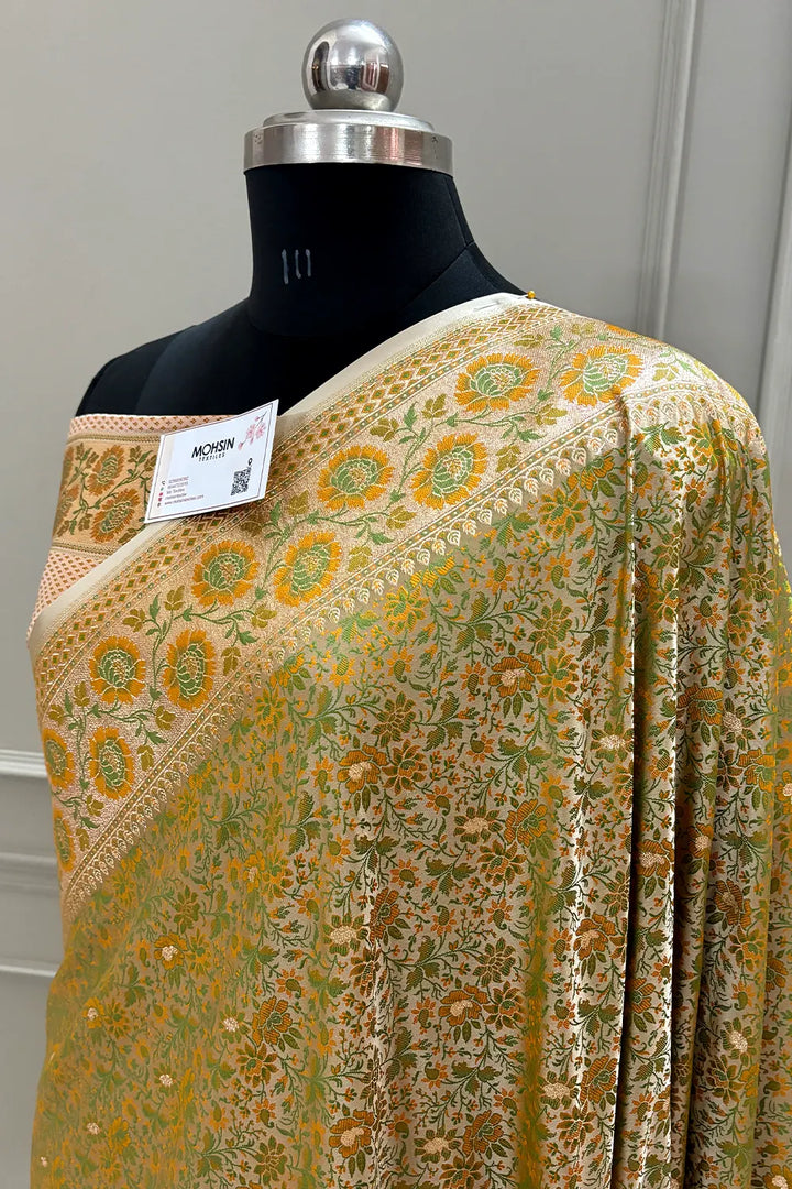 Light Peach and Pista Jungli Jaal Katan Silk Banarasi Saree