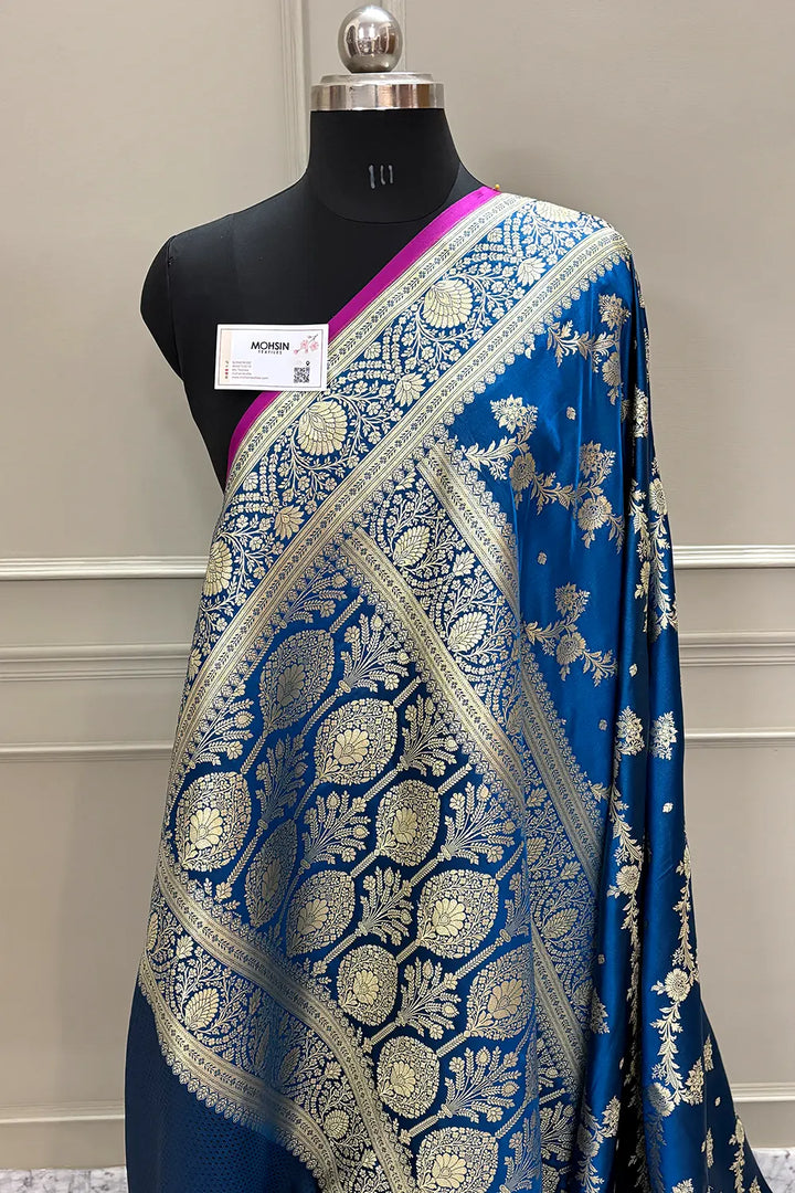 Peacock Blue Papakipari Katan Silk Banarasi Saree