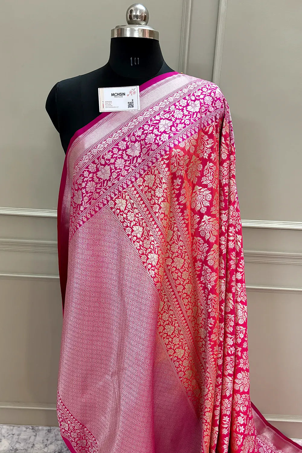 Peach and Pink Temple Buta Katan Silk Banarasi Saree