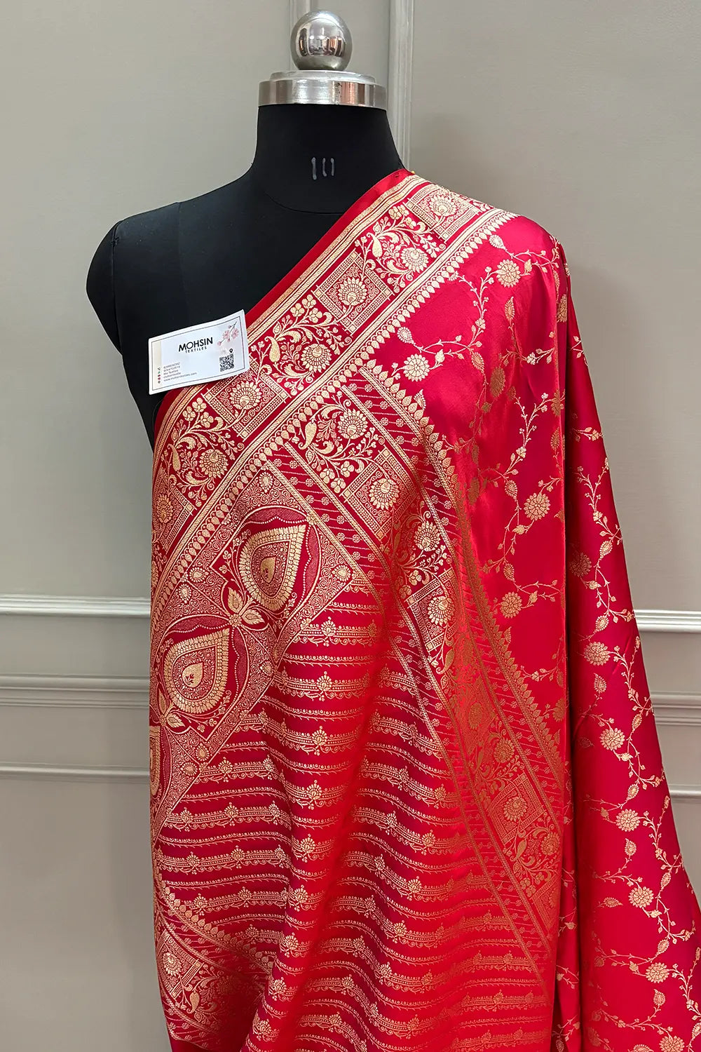 Pinkish Red Albeli Jaal Katan Silk Banarasi Saree