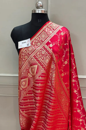 Pinkish Red Albeli Jaal Katan Silk Banarasi Saree