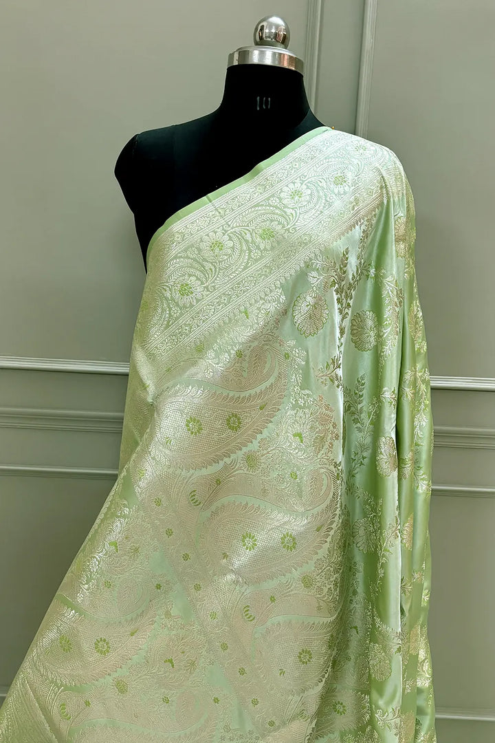 Pista Masuri Jaal Katan Silk Banarasi Saree