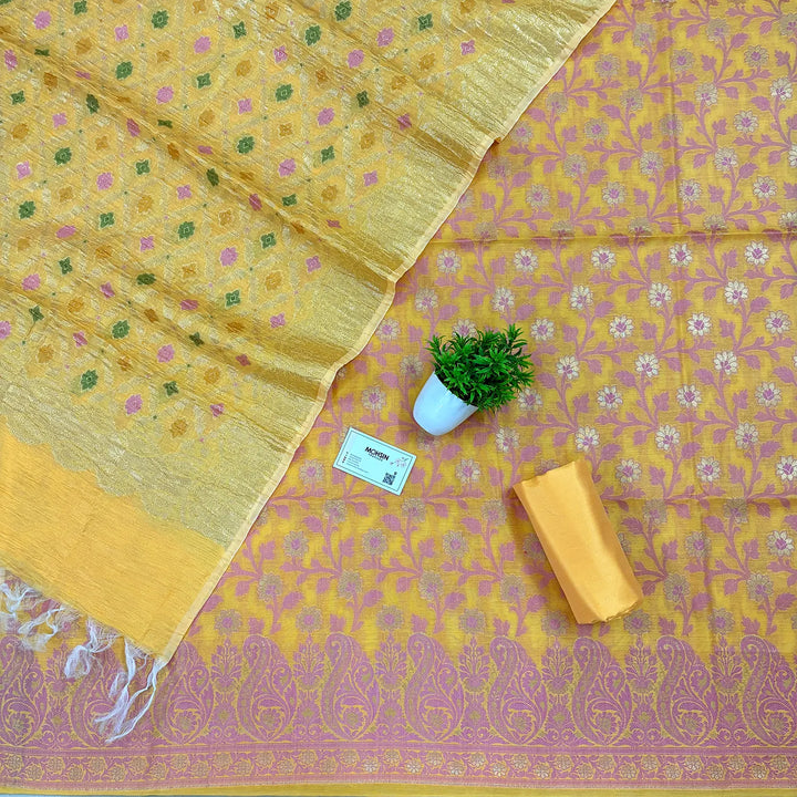 Yellow Pakki Jaal Crush Cotton Silk Banarasi Suit