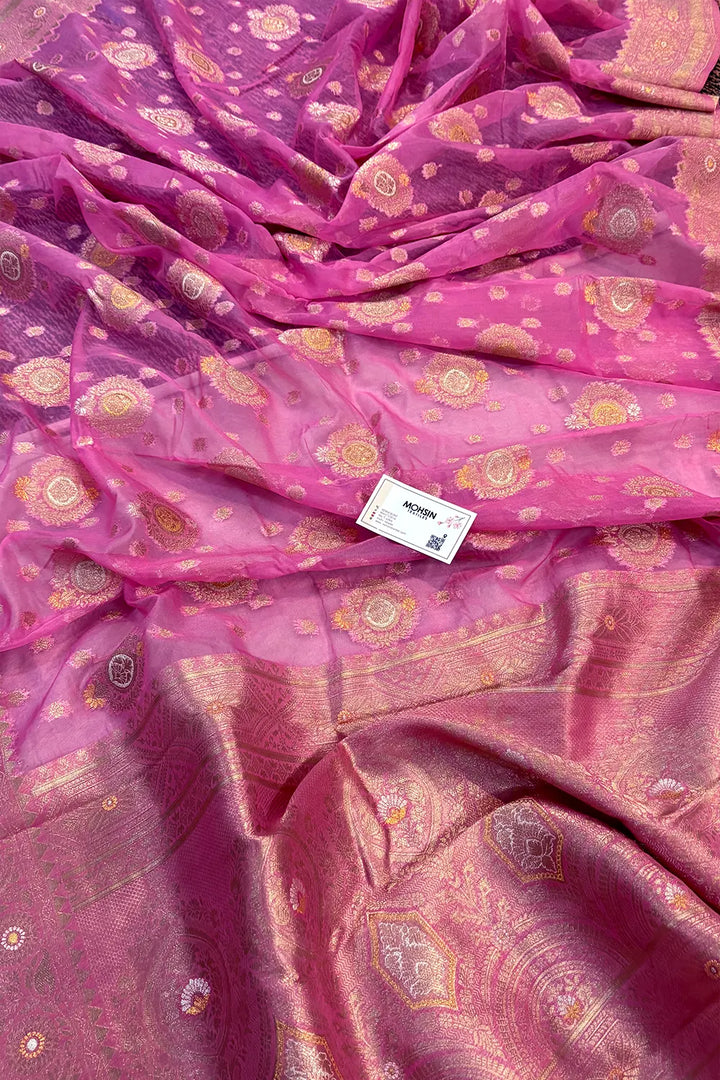 Baby Pink Golden Zari Organza Silk Banarasi Saree