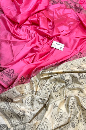 Baby Pink and Beige Plain Resham Silk Banarasi Saree