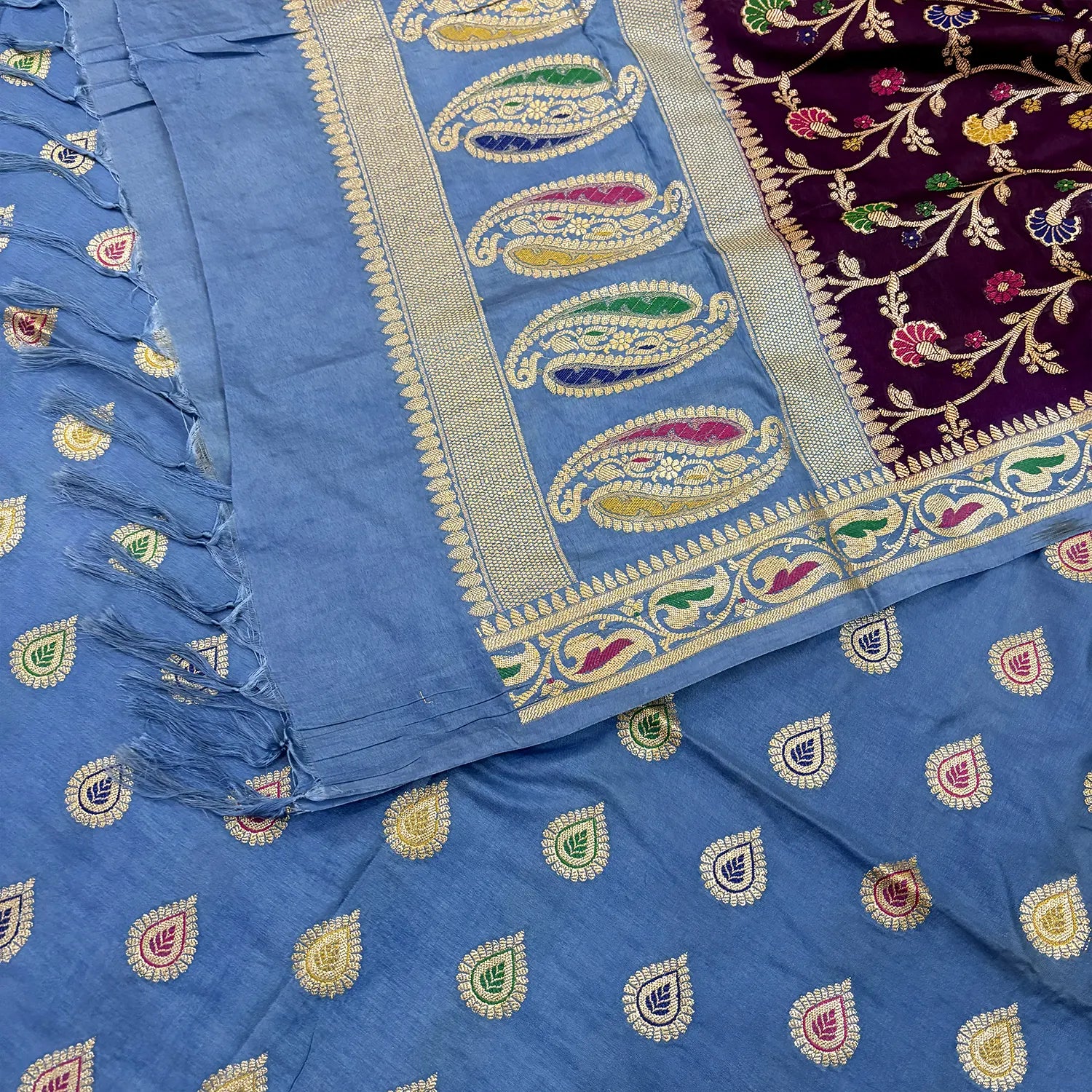 Firozi and Wine Golden Zari Katan Silk Banarasi Suit