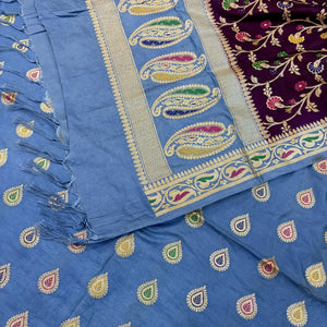 Firozi and Wine Golden Zari Katan Silk Banarasi Suit