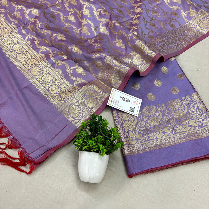 Lavender Kiyari Buti Satin Silk Banarasi Suit