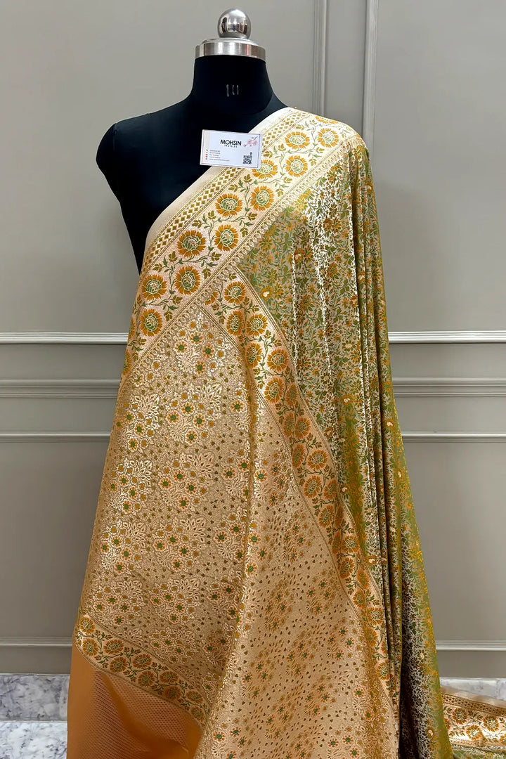 Light Peach and Pista Jungli Jaal Katan Silk Banarasi Saree