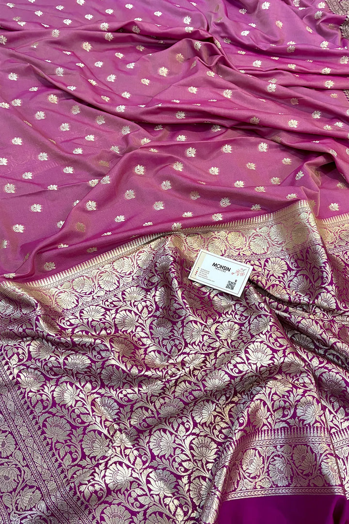 Magenta and Pink Ghonga Buti Katan Silk Banarasi Saree