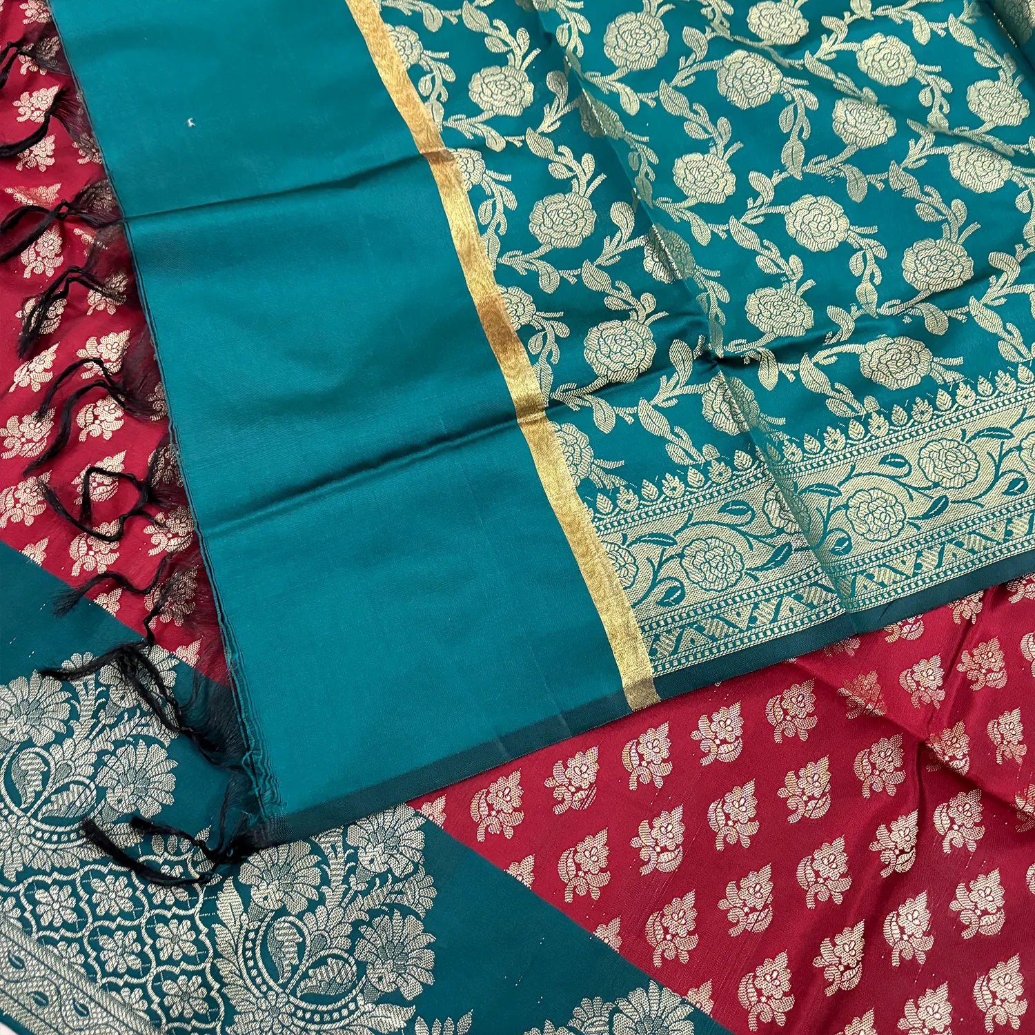 Maroon and Teal Podha Satin Silk Banarasi Suit