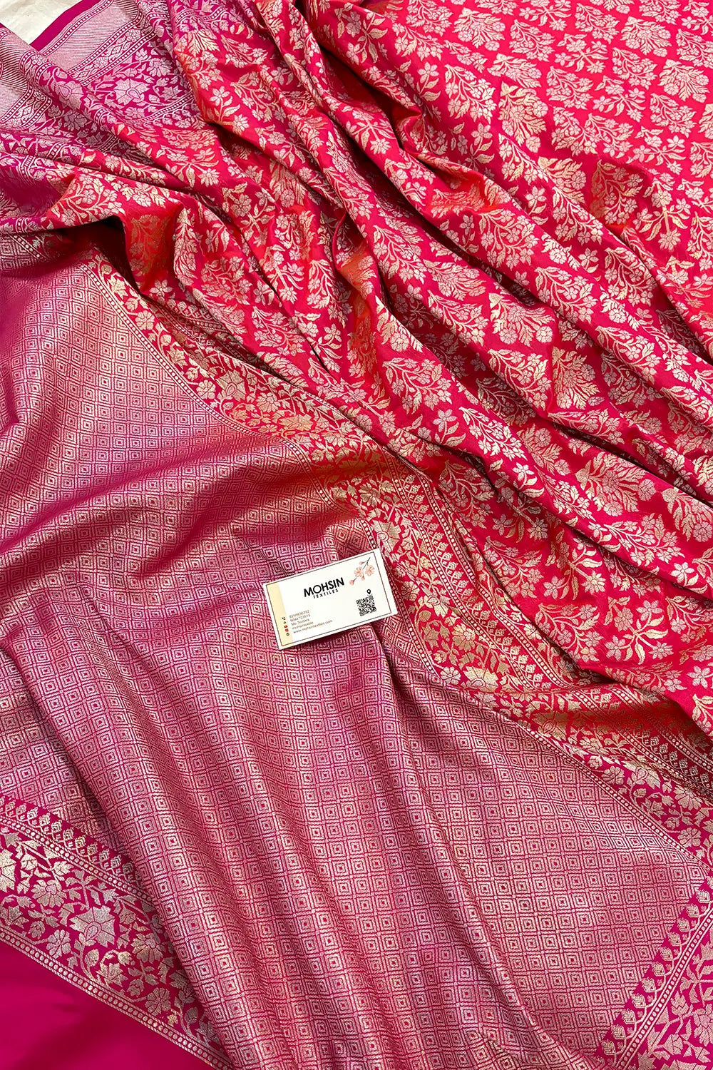 Peach and Pink Temple Buta Katan Silk Banarasi Saree