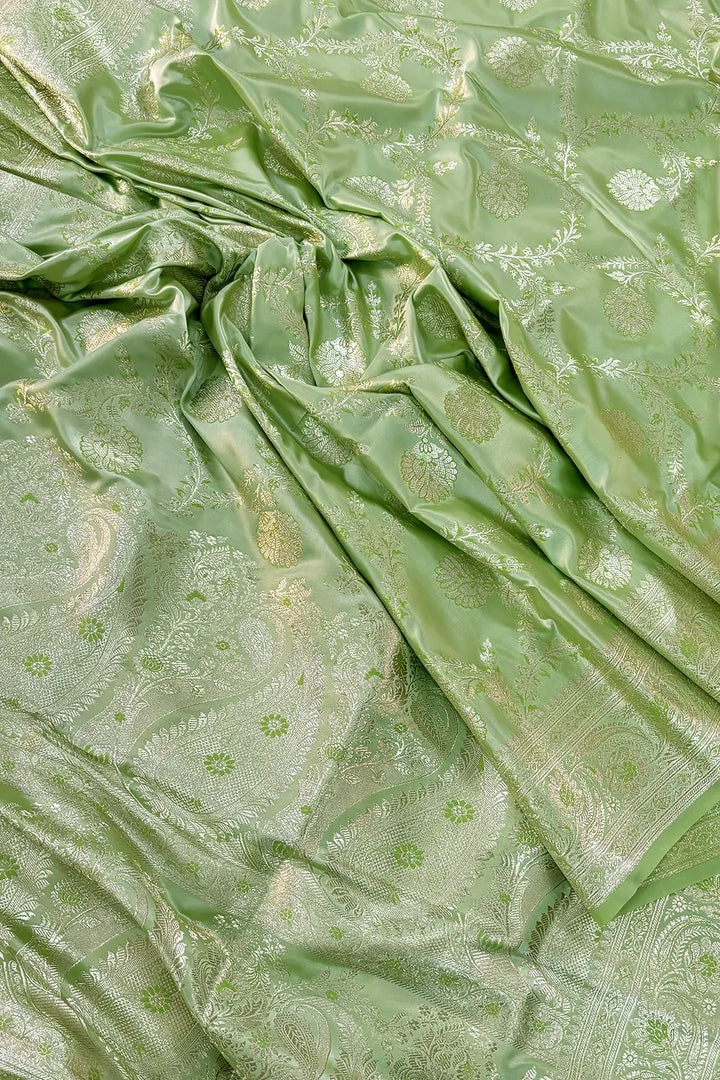 Pista Masuri Jaal Katan Silk Banarasi Saree