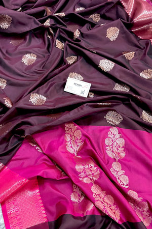 Wine and Pink Golden Zari Banarasi Silk Saree