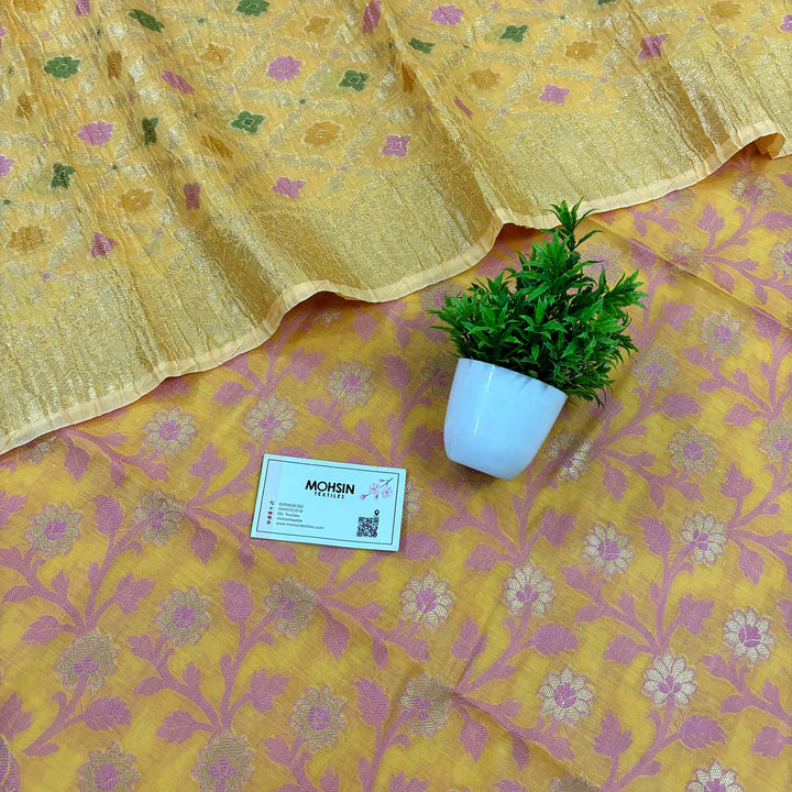 Yellow Pakki Jaal Crush Cotton Silk Banarasi Suit