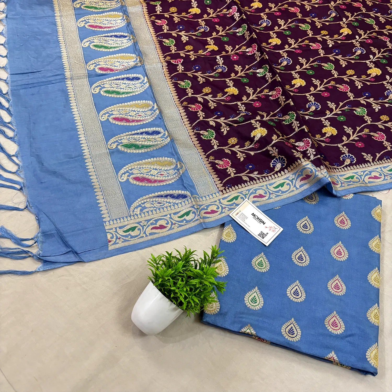 Firozi and Wine Golden Zari Katan Silk Banarasi Suit