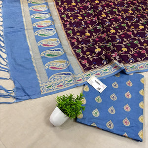 Firozi and Wine Golden Zari Katan Silk Banarasi Suit