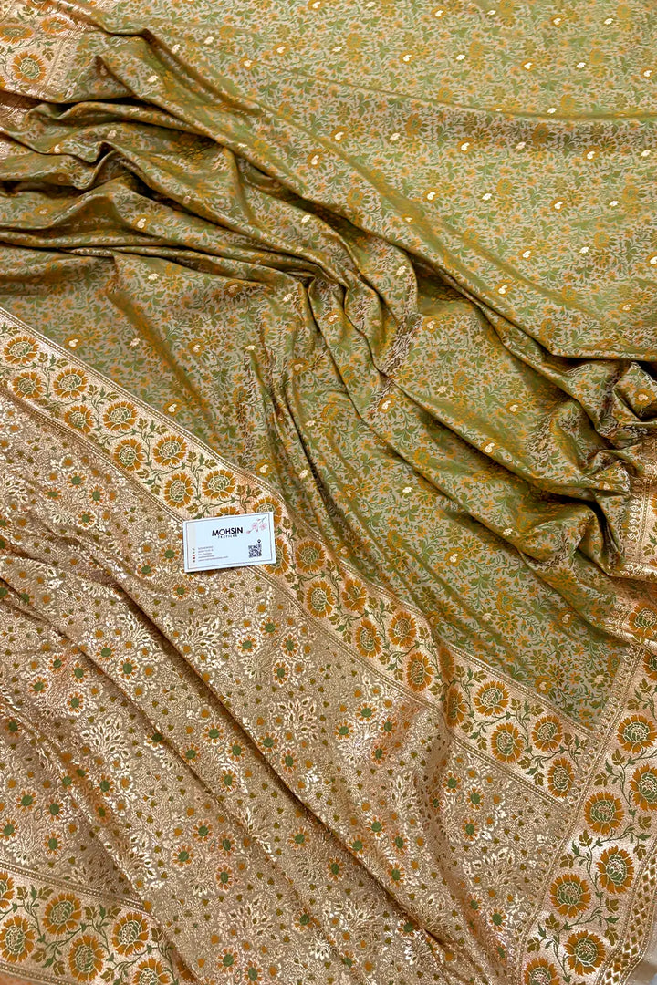 Light Peach and Pista Jungli Jaal Katan Silk Banarasi Saree