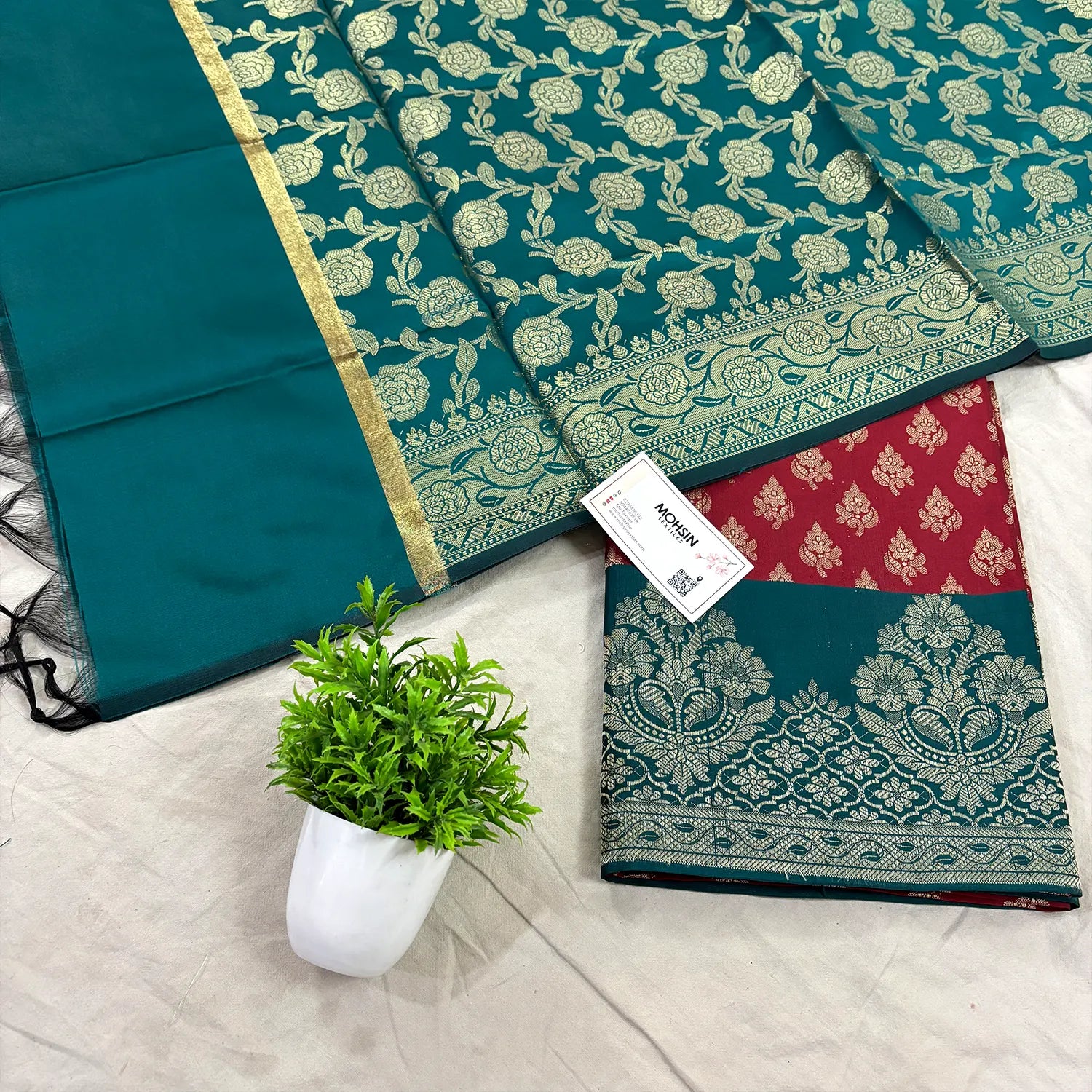 Maroon and Teal Podha Satin Silk Banarasi Suit