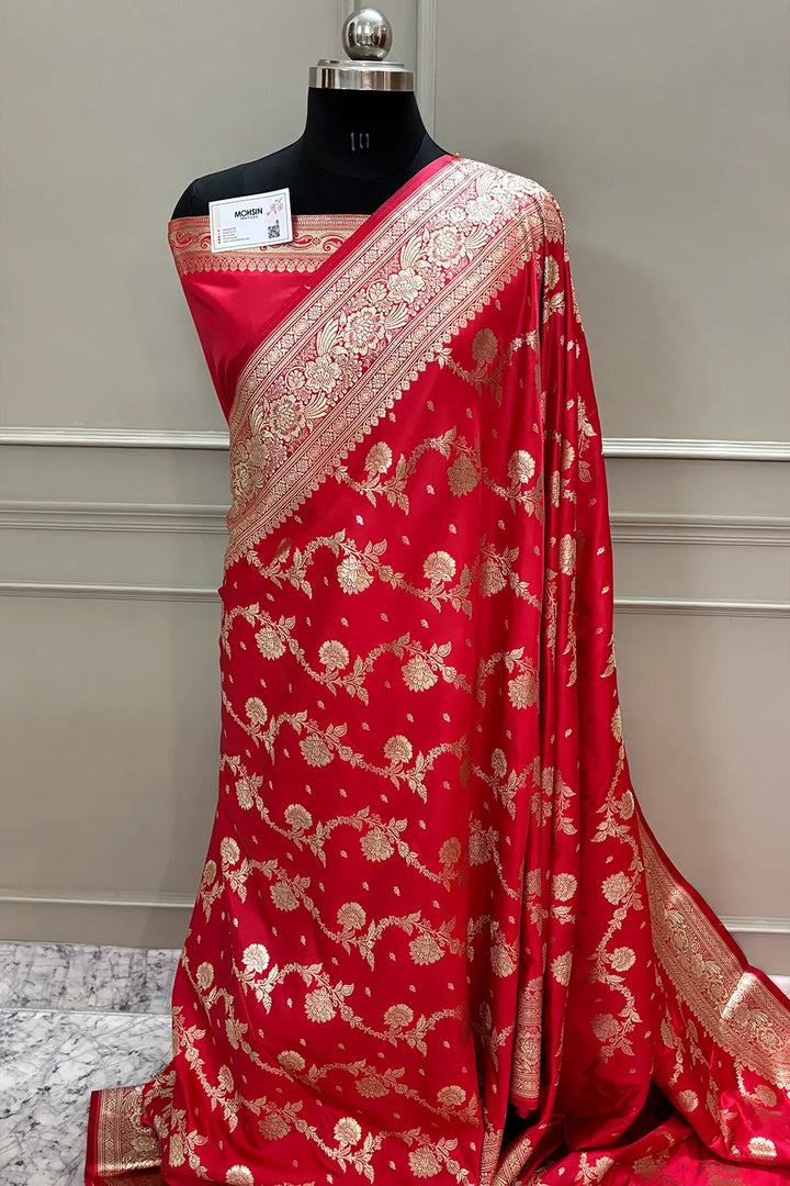 Strawberry Tirchi Daal Katan Silk Banarasi Saree