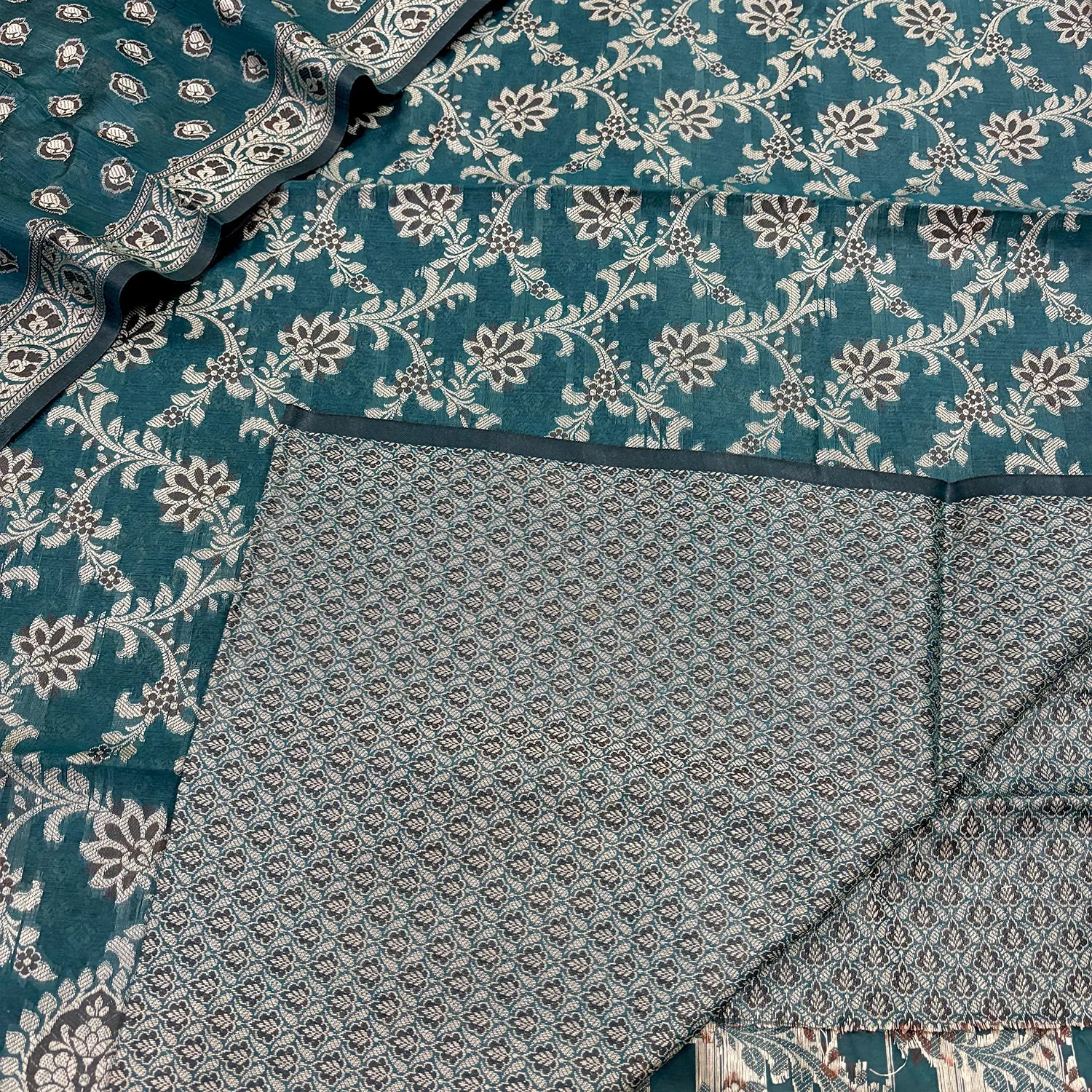 Teal Mogambo Jaal Cotton Silk Banarasi Suit