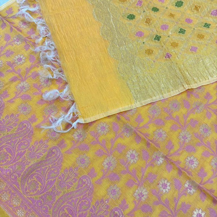 Yellow Pakki Jaal Crush Cotton Silk Banarasi Suit