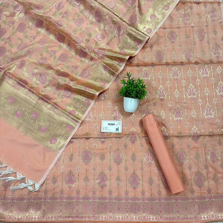 Peach Pink Meena Katan Silk Banarasi Suit