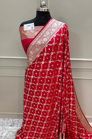Pinkish Red Qaidi Buti Katan Silk Banarasi Saree