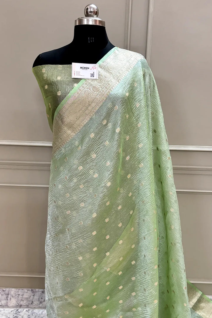 Pista Dollar Buti Crush Tissue Silk Banarasi Saree