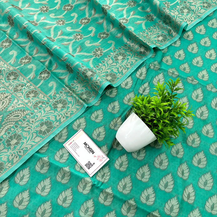 Sea Green Kacchi Carry Patta Cotton Silk Banarasi Suit