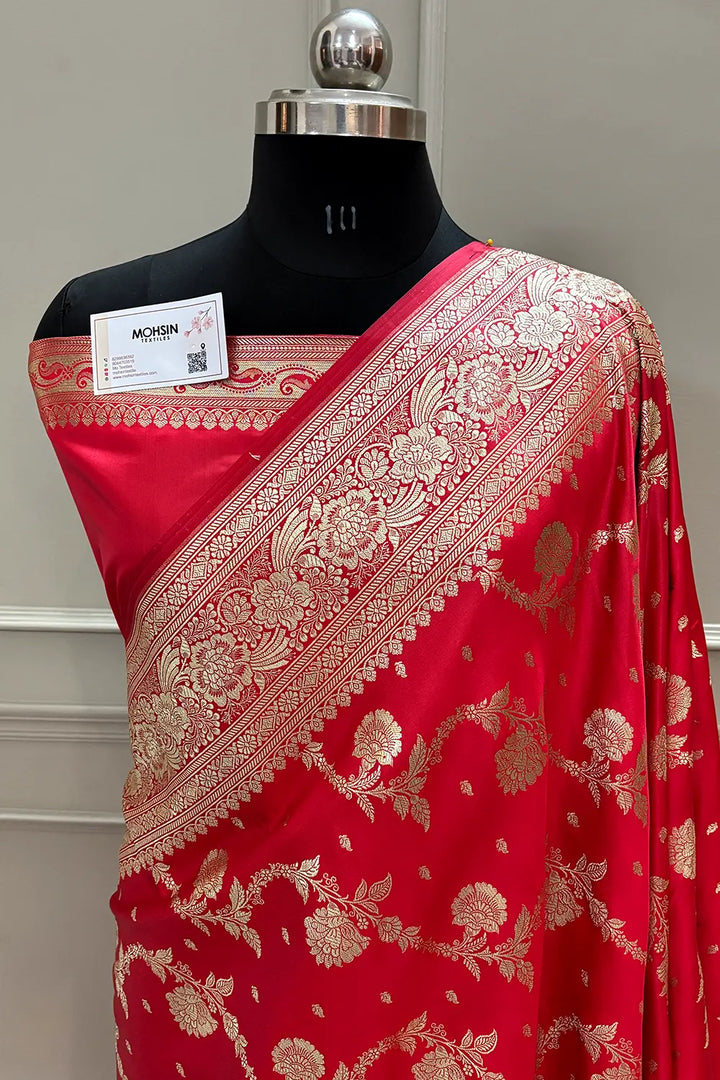 Strawberry Tirchi Daal Katan Silk Banarasi Saree