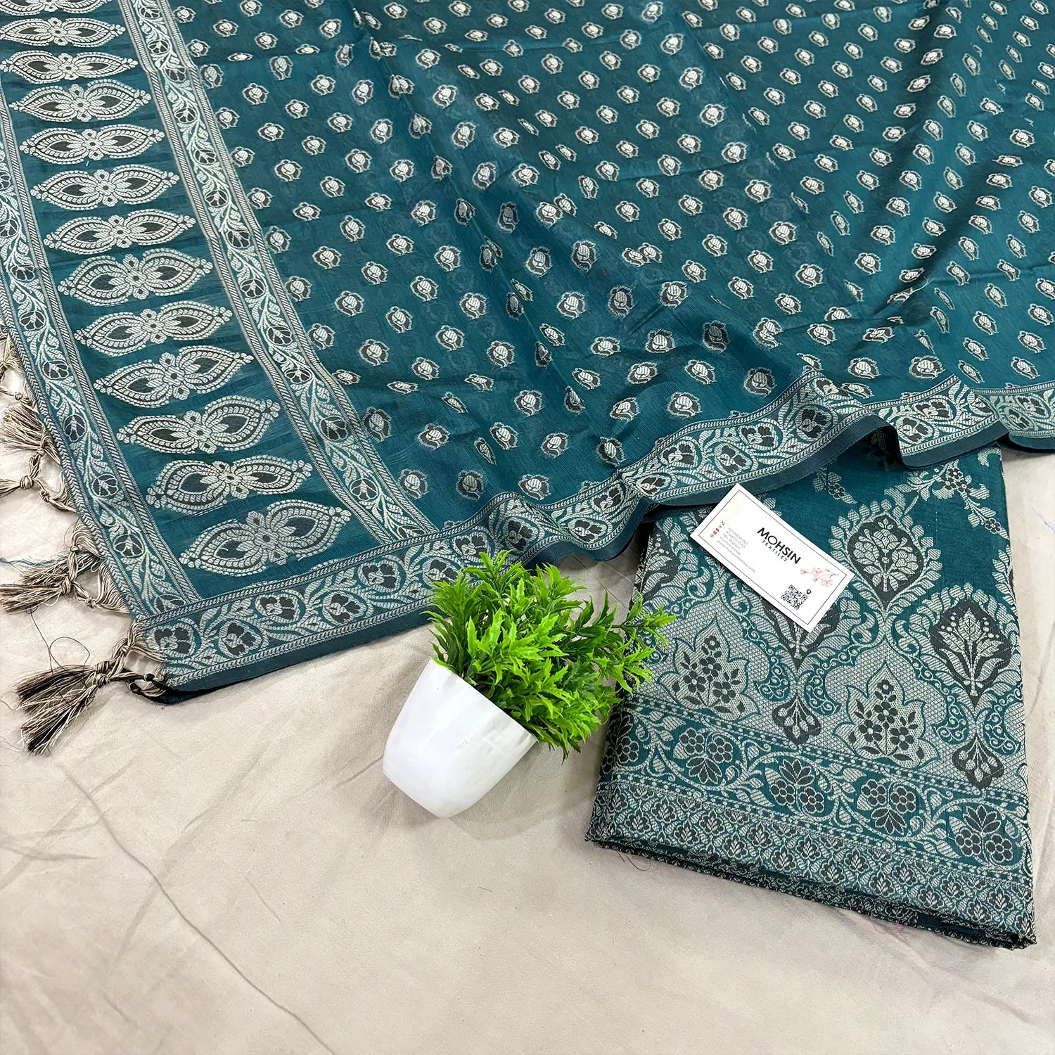 Teal Mogambo Jaal Cotton Silk Banarasi Suit