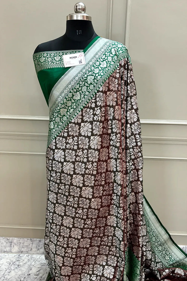 Wine and Bottle Green Temple Buta Katan Silk Banarasi Saree