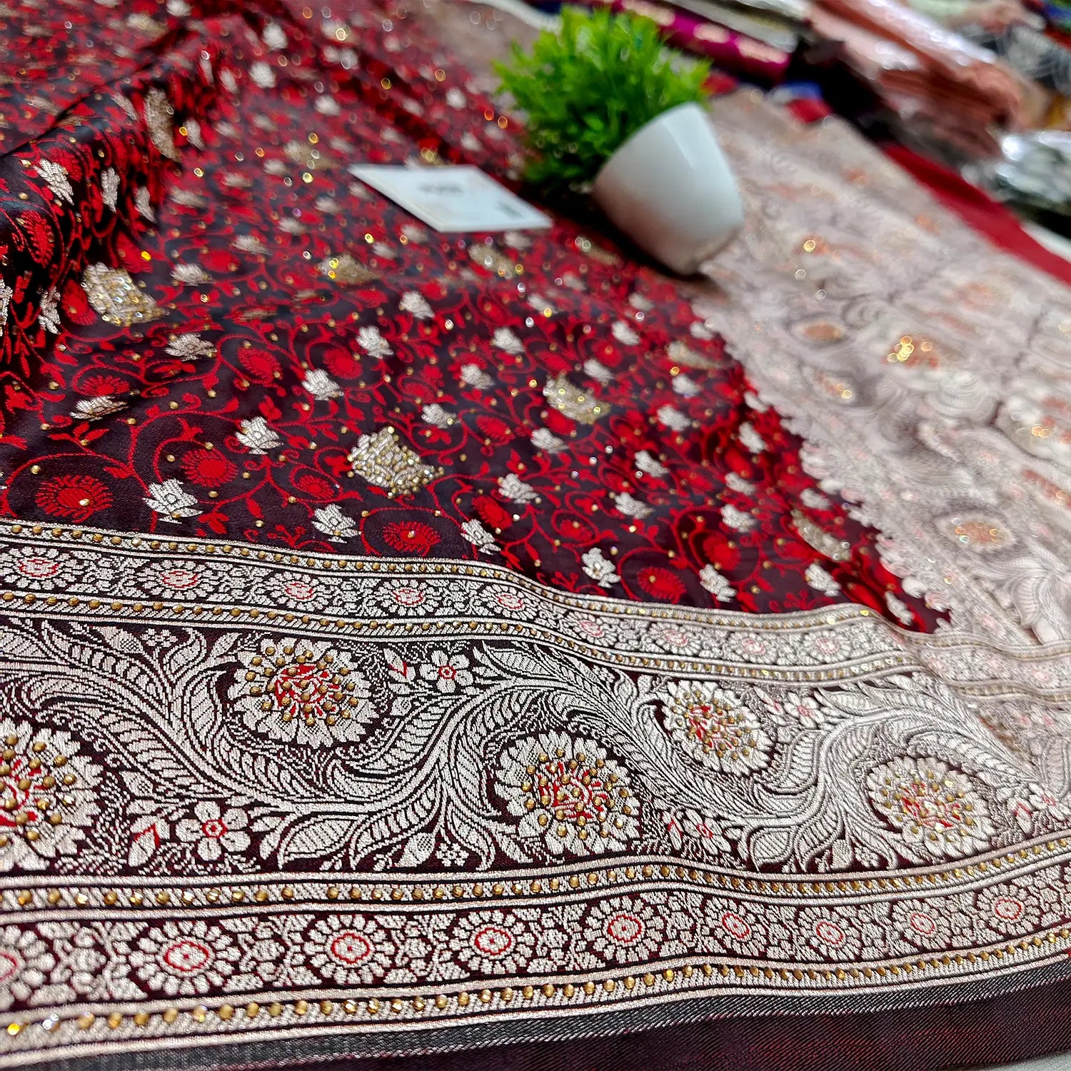 Wine Maroon Chunni Munni Stone Katan Banarasi Saree