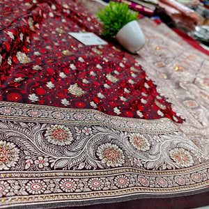 Wine Maroon Chunni Munni Stone Katan Banarasi Saree