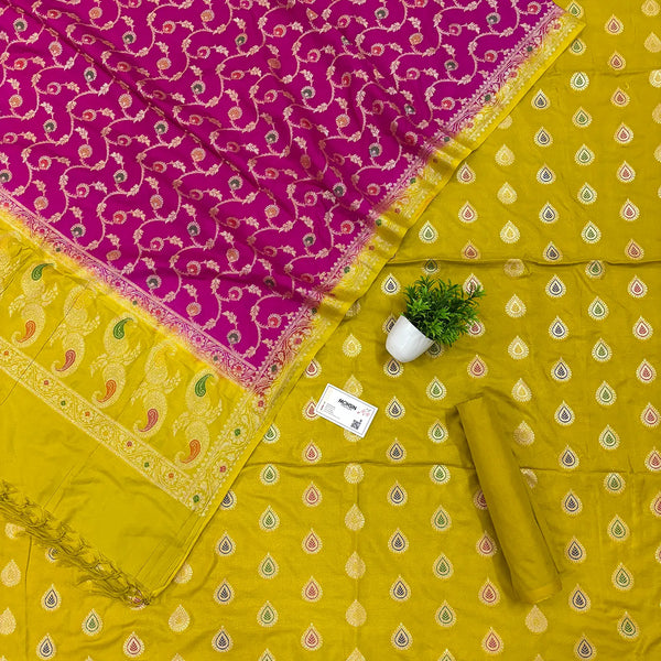 Mustard and Pink Golden Zari Katan Silk Banarasi Suit