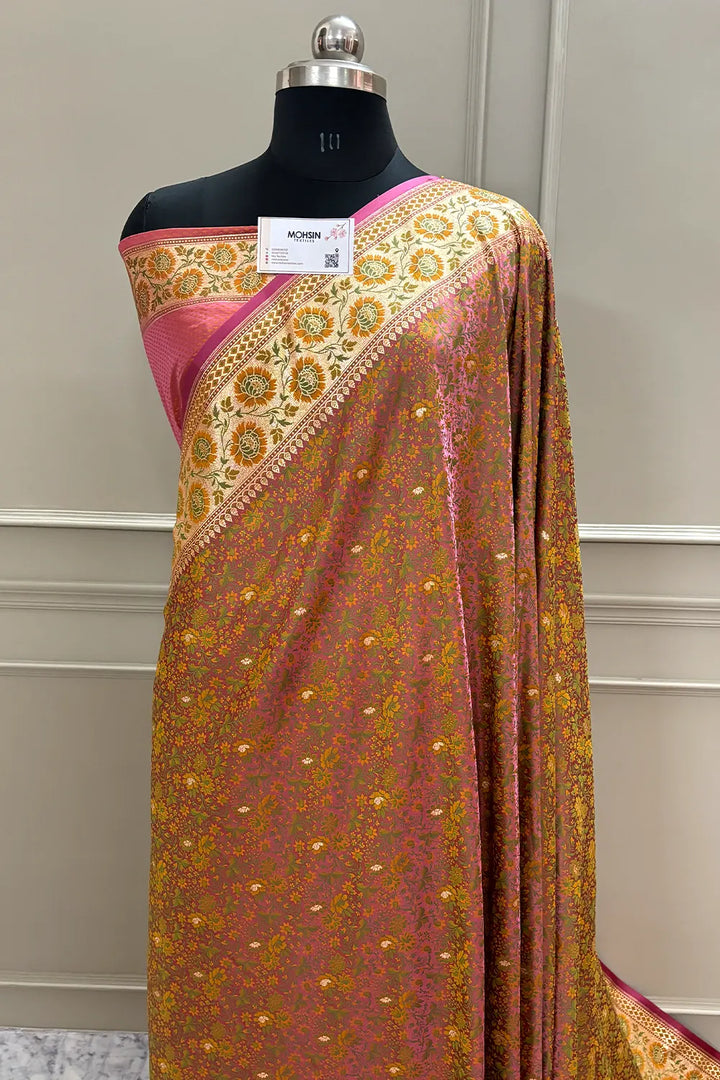 Pink and Mustard Jungli Jaal Katan Silk Banarasi Saree