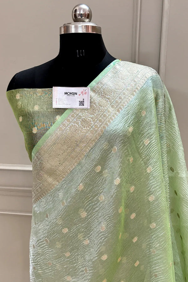 Pista Dollar Buti Crush Tissue Silk Banarasi Saree