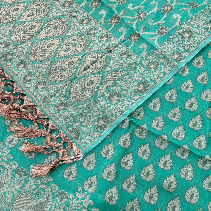 Sea Green Kacchi Carry Patta Cotton Silk Banarasi Suit