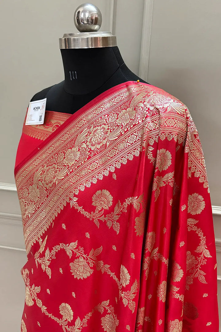 Strawberry Tirchi Daal Katan Silk Banarasi Saree